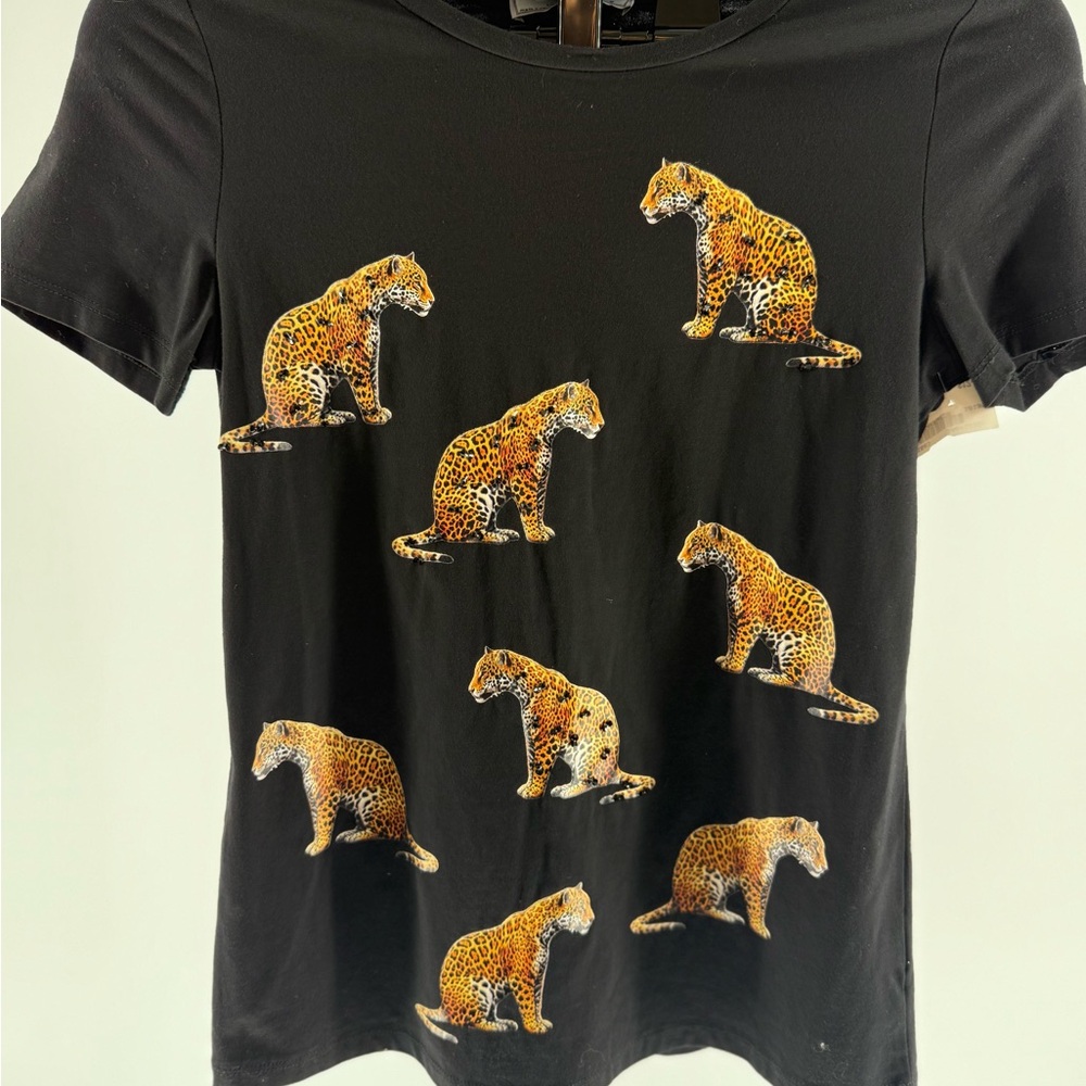 Something Pretty Black Leopard Cheetah Beaded S/S Shirt Top Size Small New